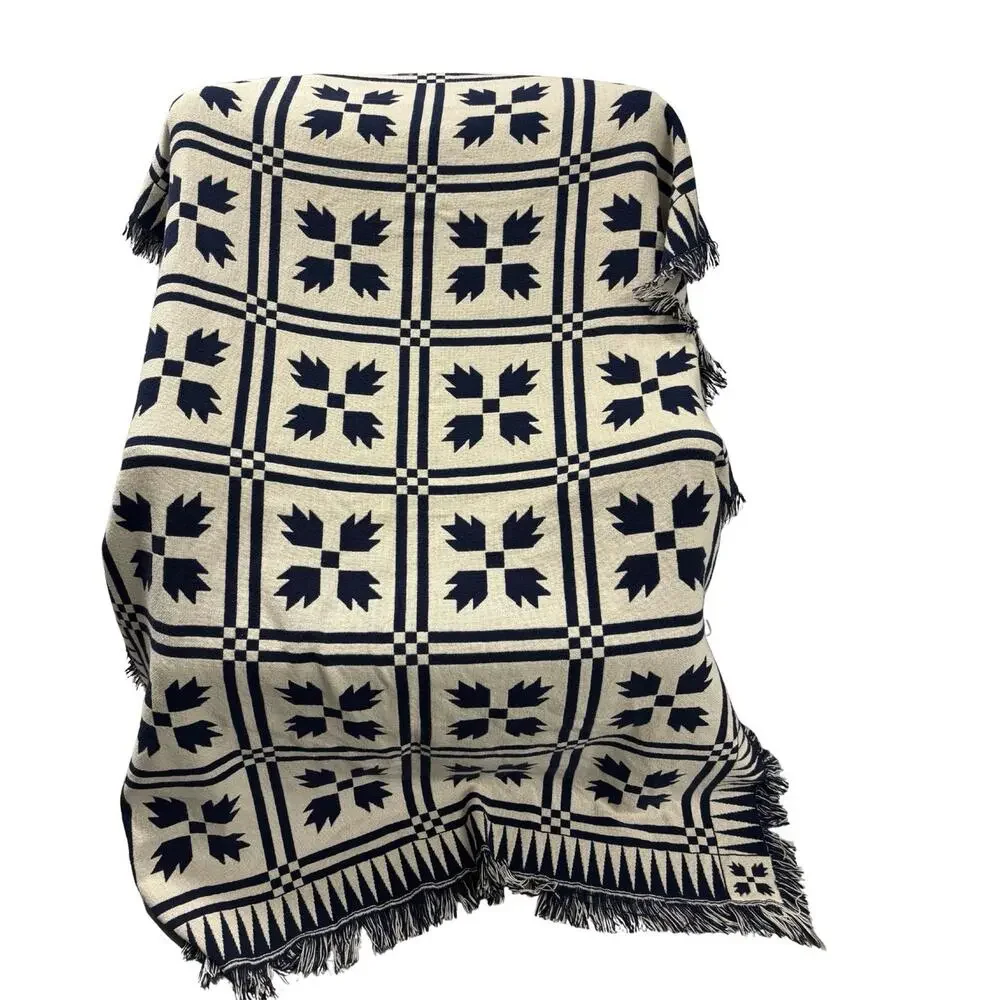 Woven Throw Blanket 72x50 Navy Cream Geometric Fringe Boho Farmhouse Decor